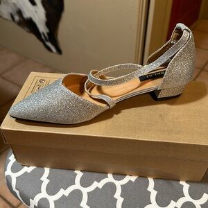 Silver glitter, low heel pointed to shoes